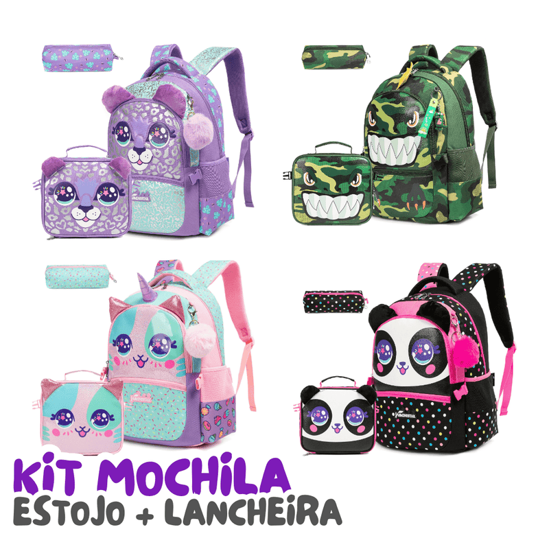 Mochila Infantil Escolar com Estojo + Bolsa Lancheira [KIT COMPLETO]