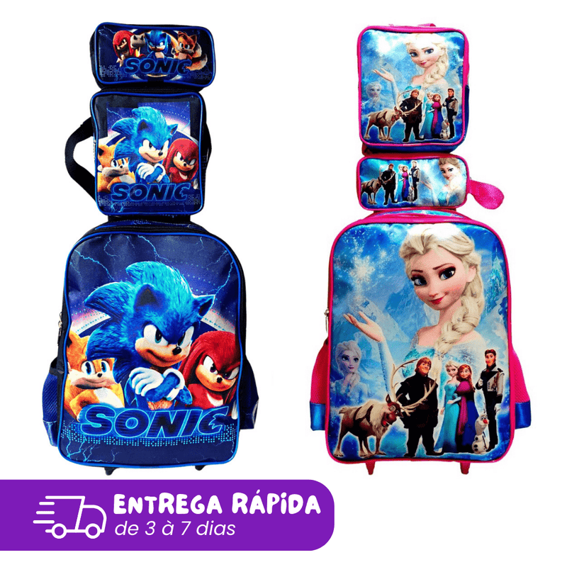 Mochila de Rodinhas Infantil com Estojo + Lancheira [KIT COMPLETO]